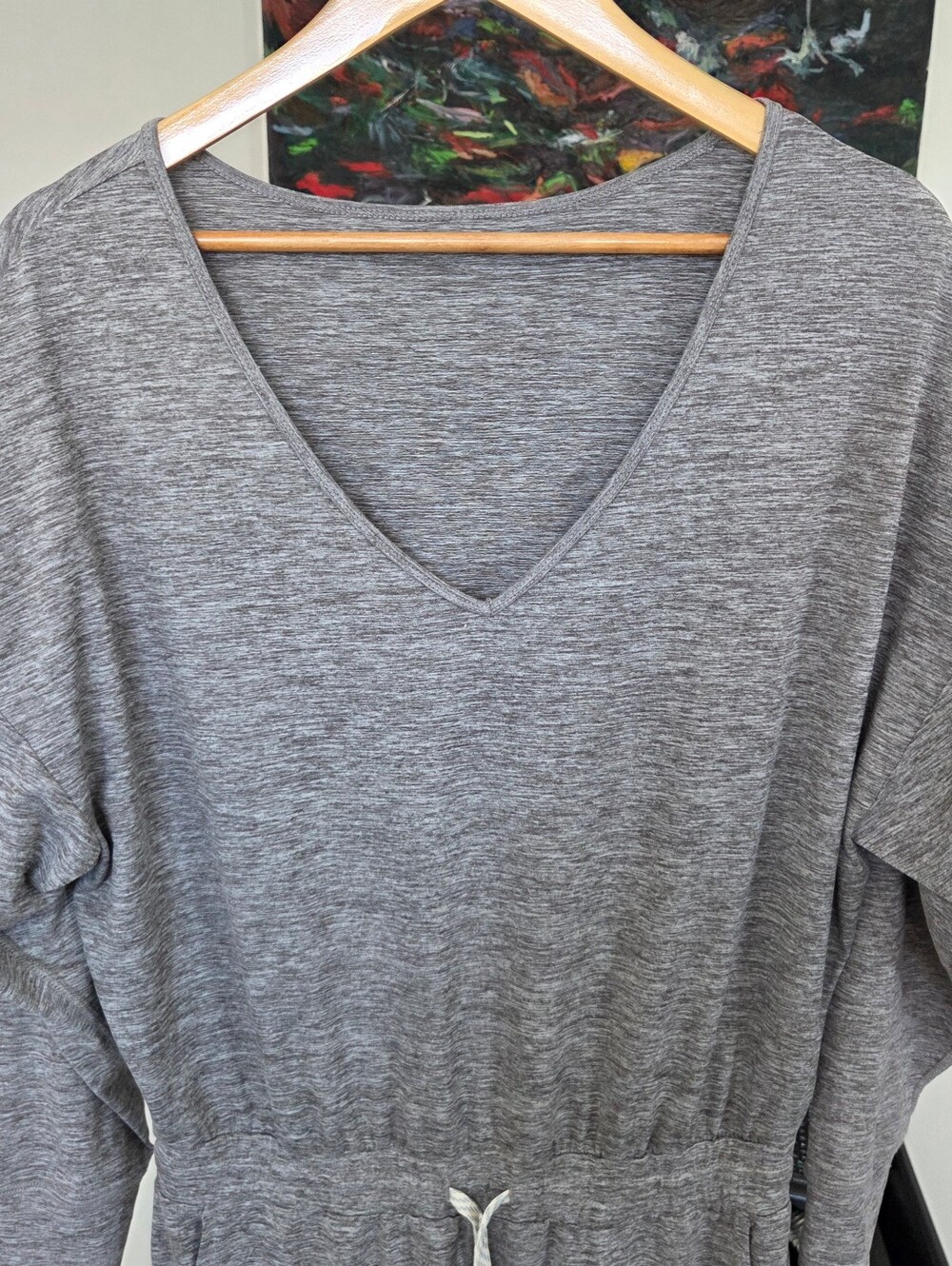 Vuori Lux V-Neck Jumpsuit Long Sleeve, Heather Gray - Drawstring + Side Pockets - Picture 4 of 6
